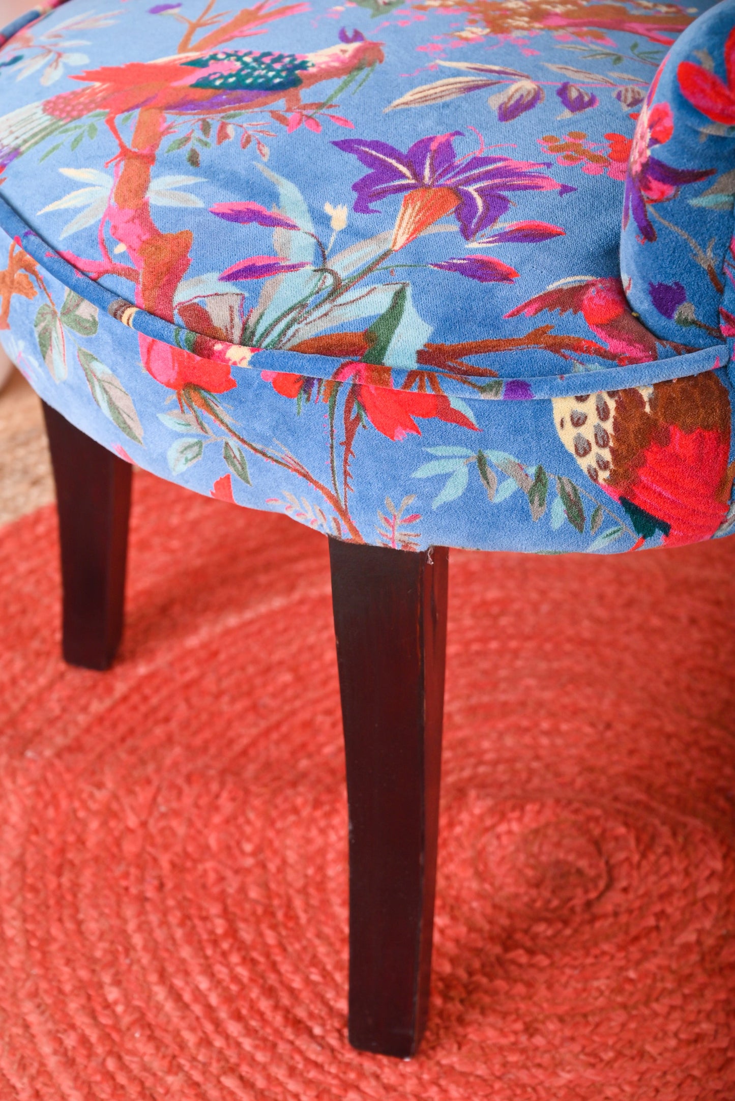 Blue Bird Of Paradise Floral Cotton Velvet Armchair