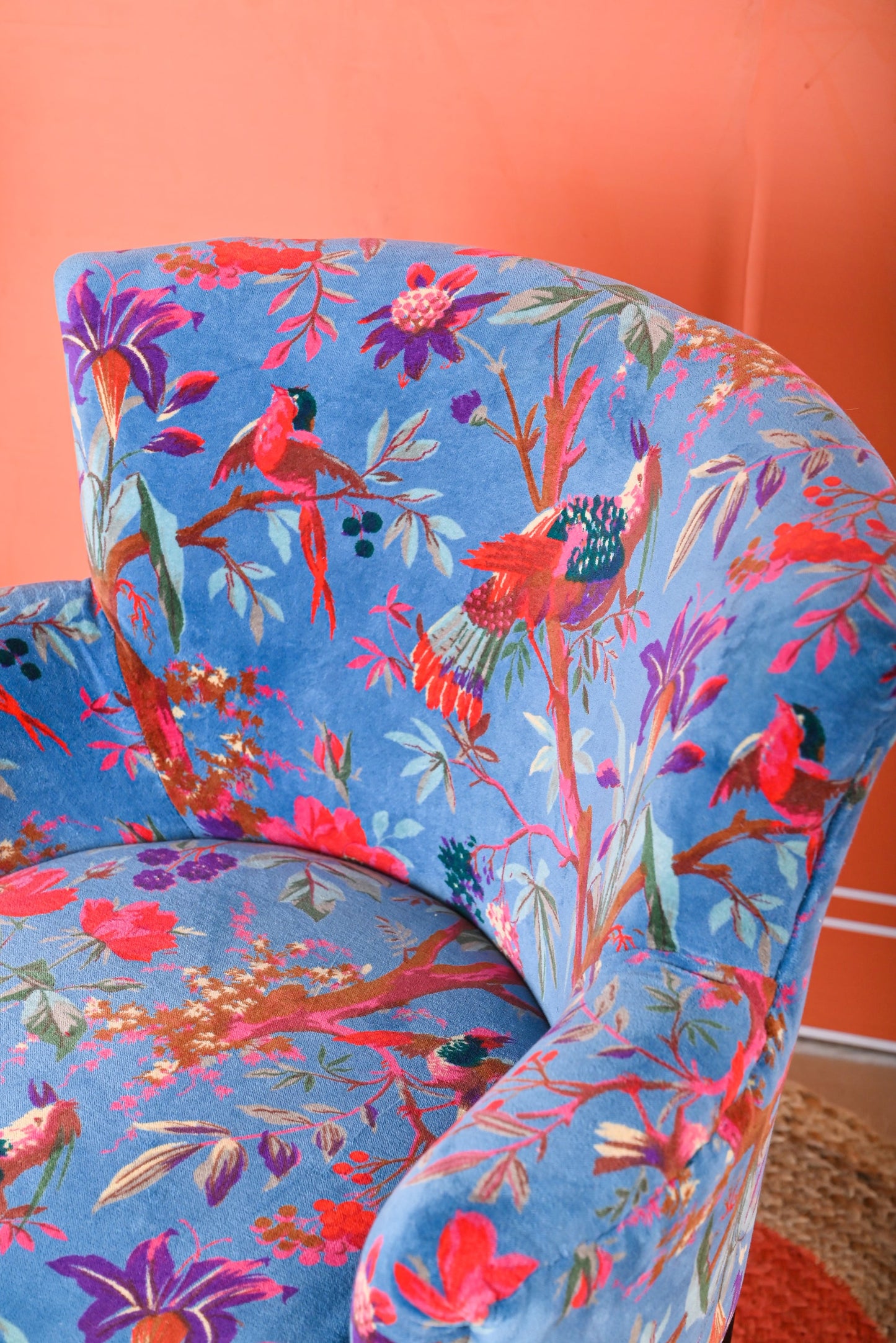 Blue Bird Of Paradise Floral Cotton Velvet Armchair