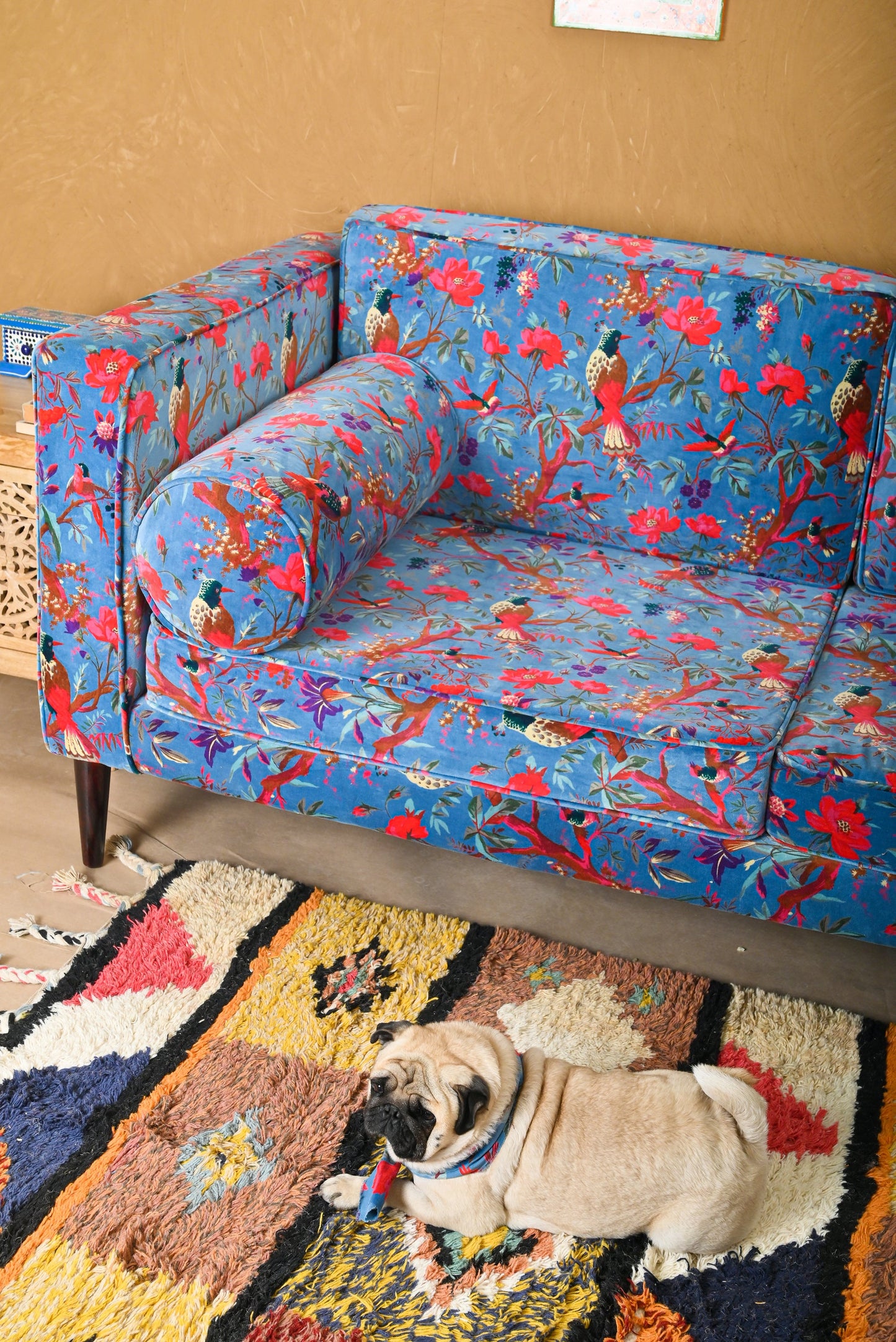 Blue Bird of Paradise Velvet Sofa