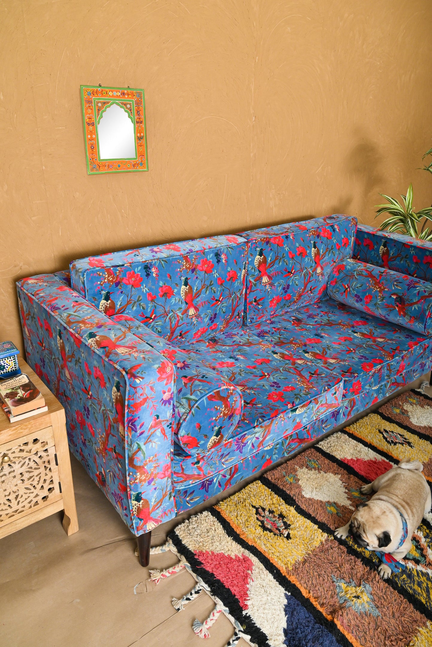 Blue Bird of Paradise Velvet Sofa