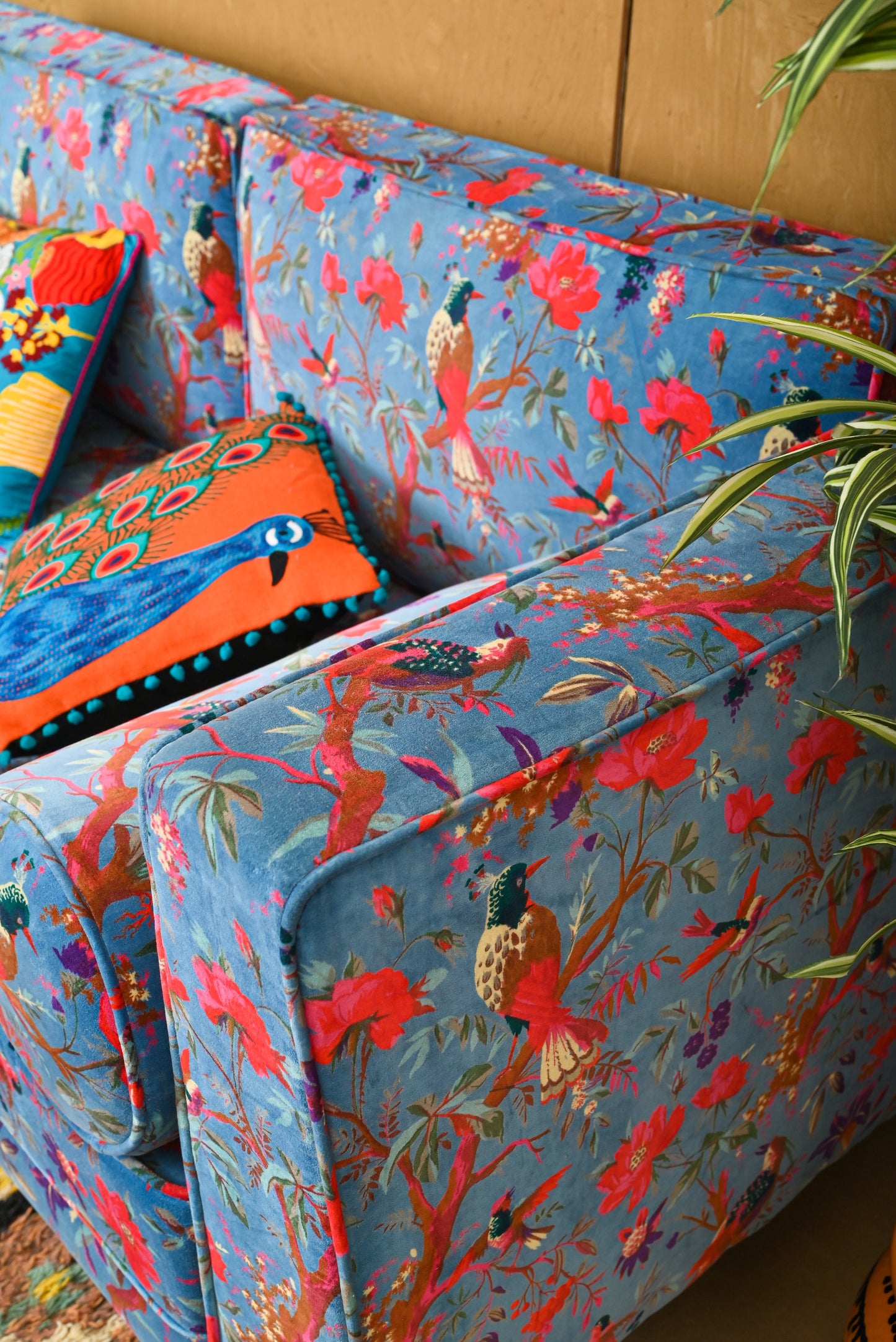 Blue Bird of Paradise Velvet Sofa