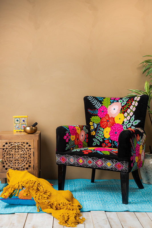 Black Embroidered Floral Armchair